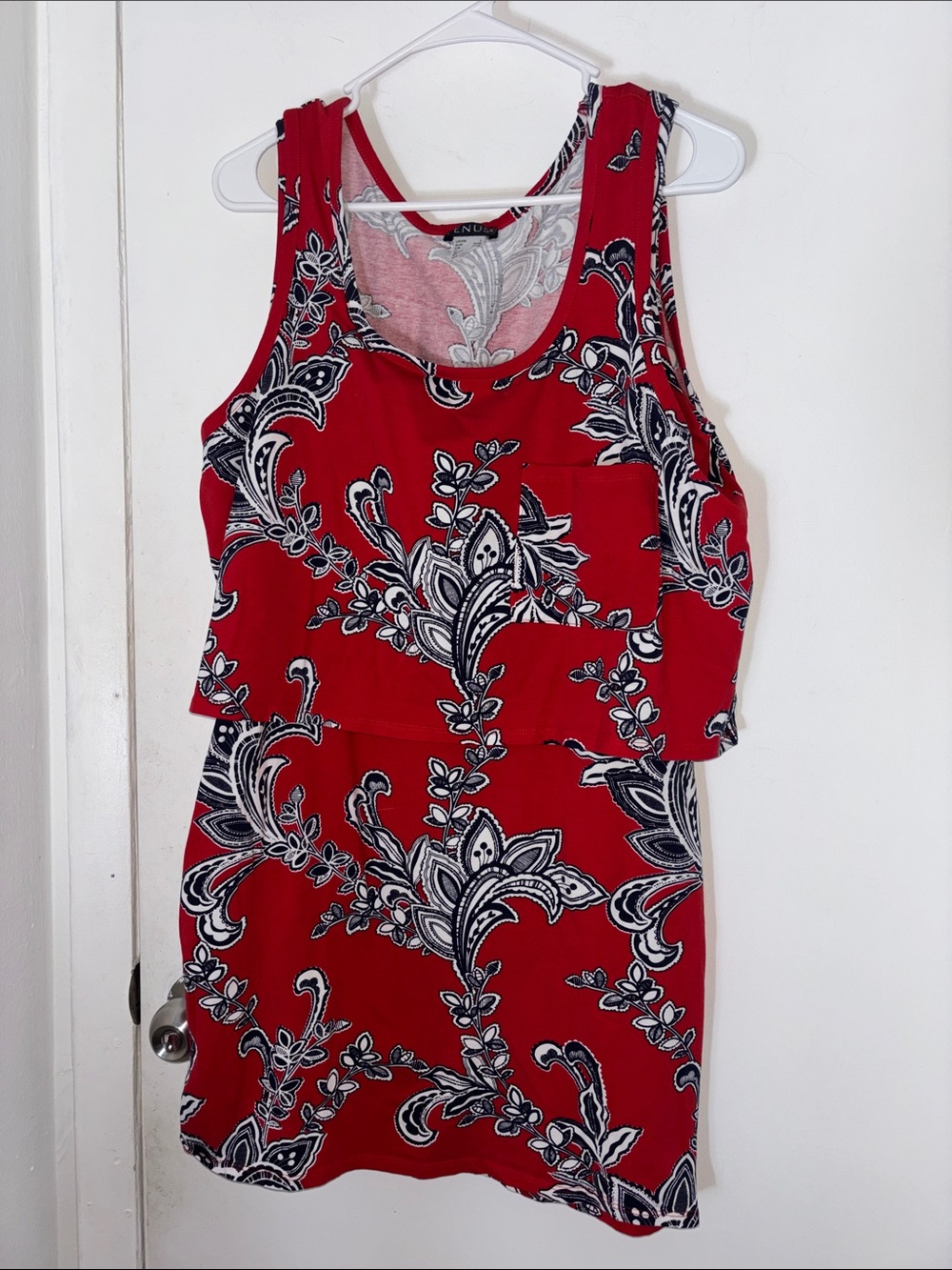 VENUS Red Floral Print Dress with Black and White Accents